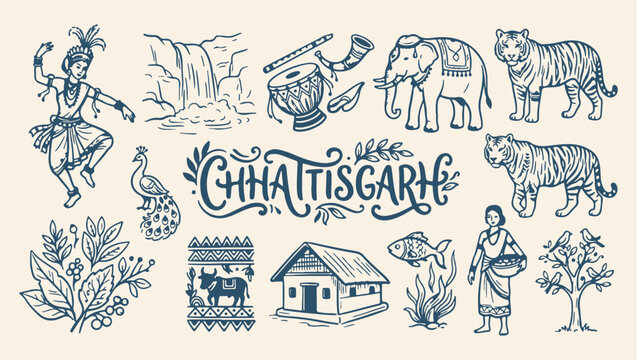 chhattisgarh state tourism culture pattern, tribal india heritage village background, traditional chhattisgarh travel illustration, folk art tribal life print, iconic chhattisgarh landmark design, rus