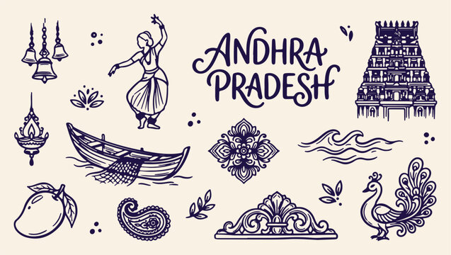 andhra pradesh tourism heritage pattern, south indian cultural landmark background, traditional andhra state travel illustration, classical dance heritage art print, iconic andhra pradesh monument des