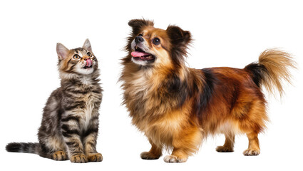 Fototapeta premium Tabby kitten licking lips next to fluffy brown dog