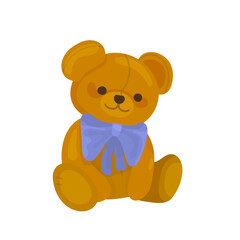 Fototapeta premium Cute teddy bear with blue bow isolated on white background. Sweet toy vector illustration for baby shower cards, nursery prints, stickers and children’s decor.