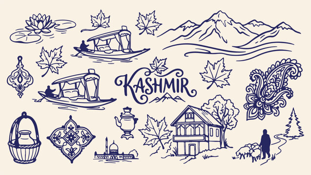 kashmir valley landscape travel pattern, scenic mountain house boat illustration, beautiful nature travel destination background, peaceful kashmir tourism art design, traditional boat lake scenery pri