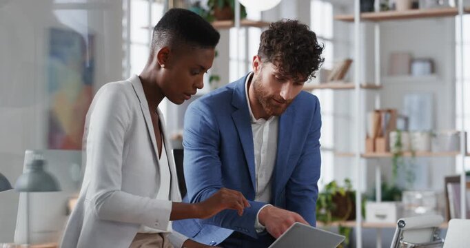 Company, business people and team planning with tablet for financial proposal or asset management. Tech, glass office and collaboration for project report, investment evaluation or dividend yield