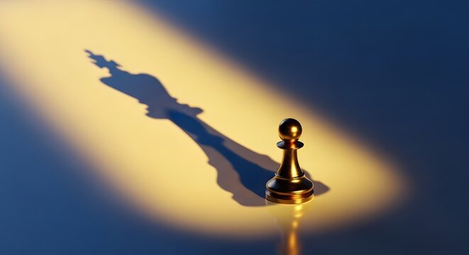 Golden pawn casts the shadow of a king under a bright spotlight symbolizing hidden potential and powerful business leadership.