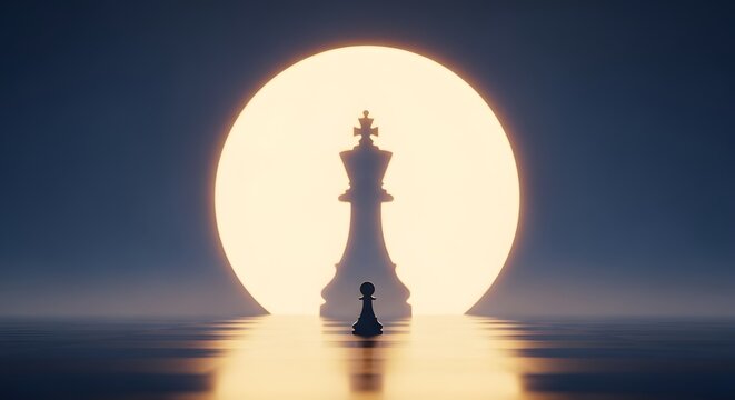Small pawn faces a giant glowing king chess piece silhouette against a bright moon symbolizing corporate ambition and strategic growth.
