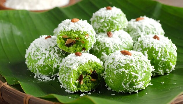 Green, coconut-covered sweet balls with nut garnish atop a banana leaf, in a wooden basket