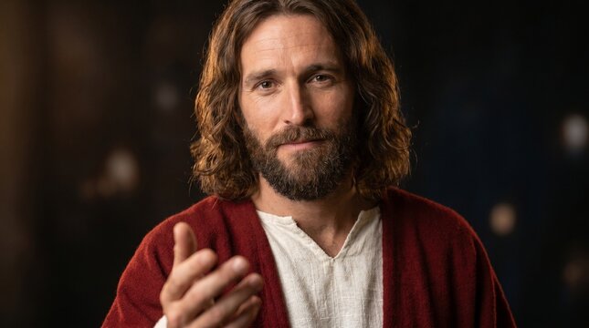 Portrait of Jesus of Nazareth welcoming you with an open arm and a smile