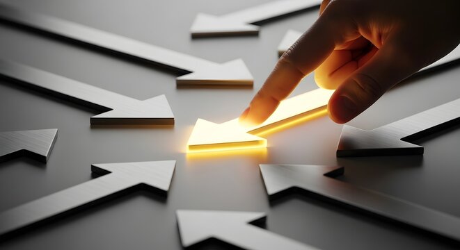 Human hand touches a glowing golden arrow surrounded by grey arrows symbolizing unique business direction and innovative leadership choices.