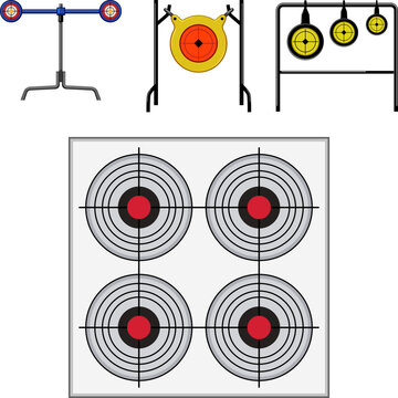 Various shooting range targets, including bullseye paper targets and metal gongs, for sports, training, marksmanship practice, competition, and aiming skills