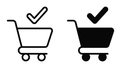 Shopping cart with a checkmark symbol for order confirmation and successful transaction in retail ecommerce vector icon set © PNG