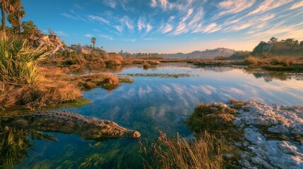 Fototapeta premium Crocodile in Natural Habitat Reflecting in Calm Water with Scenic Sky and Landscape at Dawn