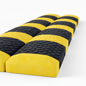 A black and yellow rubber speed bump sits on a plain white background