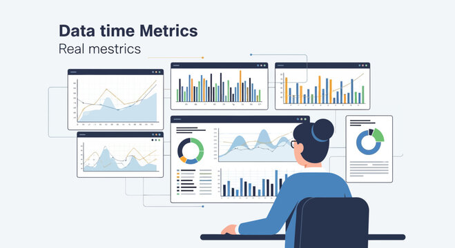 Woman analyzing data time metrics and real metrics on computer screens.