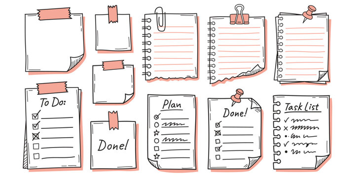 Hand drawn to do list and checklist notes set with plan list papers taped on wall, sketch style productivity reminder vector illustration