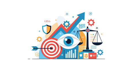 Fototapeta premium Business concept for vision and strategy featuring a large eye icon, target with arrow, balance scales, and various growth charts.