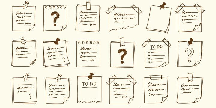 Hand drawn doodle note paper memo pads to do list reminder sticky notes with cute stationery elements vector illustration