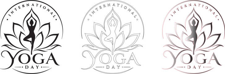 Fototapeta premium International Yoga Day Emblem with Tree Pose Figure and Lotus Flower Line Art.