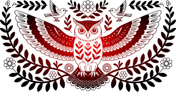 Folk art owl vector illustration featuring a stylized flying owl with open wings decorated with traditional floral motifs, leaves, and small birds on a white background.