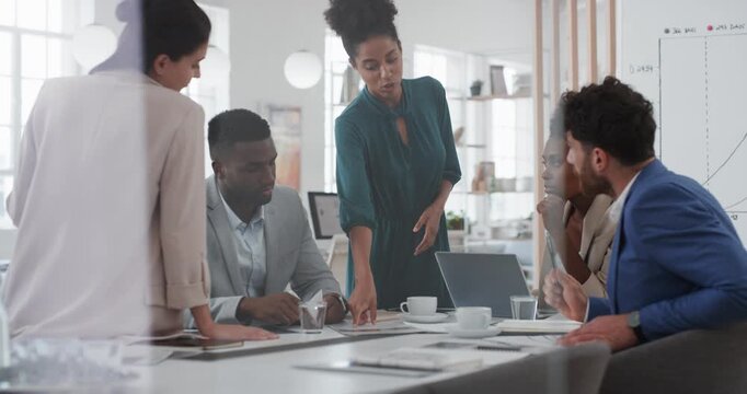 Business people, discussion and paperwork with collaboration in office, planning or strategy. Team leader, group and meeting with proposal file, pitch preparation or documents for agenda in workplace