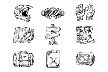 Outdoor Adventure And Off Road Gear Vintage Icon Set Collection Featuring Motocross Equipment Navigation Tools Travel Essentials Vector Illustration © Jovi MIng