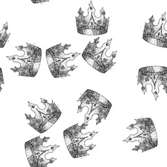 seamless pattern royal crown king hand drawn. prince queen, gold princess, dom symbol royal crown king black sketch illustration © PikePicture