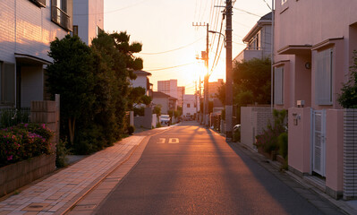 Naklejka premium A quiet suburban street in Japan at sunset, glowing orange sky, long shadows,