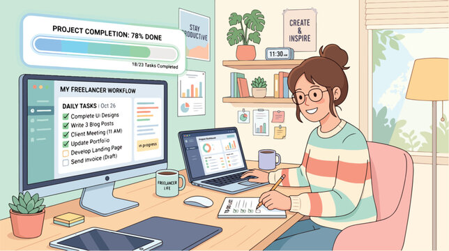 A woman sits at a desk with a computer and laptop, engaged in time blocking with a schedule on her desk, in a cozy home office with a warm and productive mood
