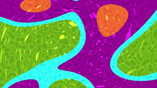 Vibrant psychedelic abstract pattern with organic fluid shapes in purple green and orange.