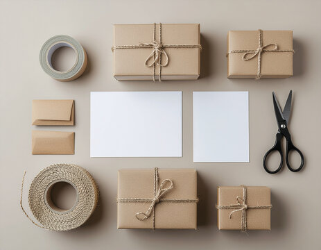 Eco Friendly Gift Packaging Flat Lay with Cardboard Boxes and Wrapping Supplies