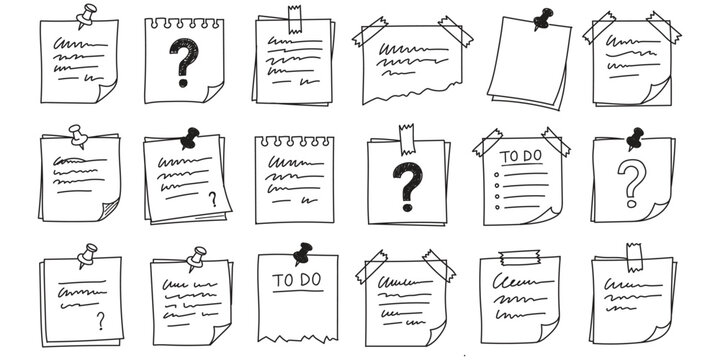 a mega collection of hand drawn paper notes sticky note pads clipboards and notebook icons for planners and office design elements doodles isolated on white background vector graphic art