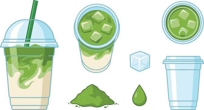 Iced Matcha Green Tea Latte Vector Set with Plastic Cup Straw Top View Ice Cubes Powder Heap Drop and Empty Disposable Takeaway Coffee Cup Elements