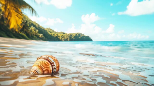 Shell on the sand at a tropical beach with water and trees