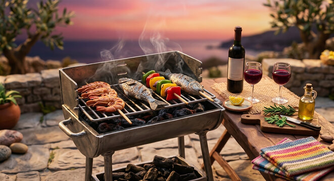 Miniature seafood barbecue grill with fish and shrimp skewers, elegant resort terrace wine table background with sunset ocean view.