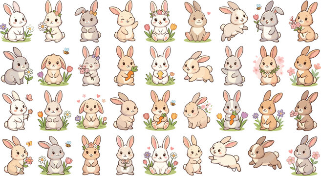 Cute Easter Bunny Vector Sticker Set Featuring Little Cartoon Rabbits, Spring Flowers, and Orange Carrots for Kids Birthday Cards and Holiday Stationery Designs