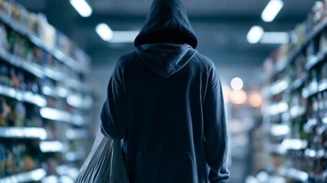 Anonymous Figure in Hoodie Moving Through Grocery Store Holding Shopping Bag in a Dimly Lit Aisle