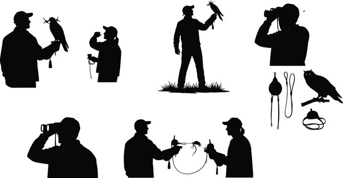 Falconry and bird watching vector silhouettes featuring falconers holding birds of prey and birdwatchers with binoculars