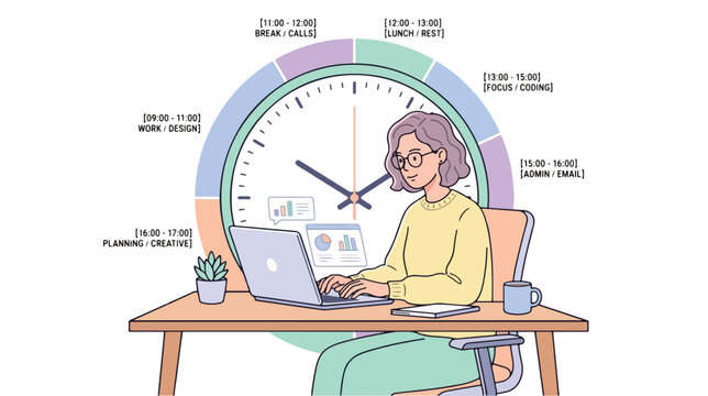 A woman sits at a desk with a laptop and coffee, using time blocking on a large colorful clock in the background, conveying productivity and organization in a modern workspace