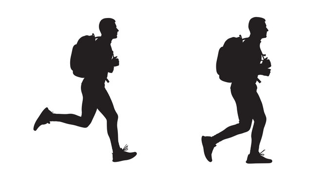 Silhouettes Of Two Men Running With Backpacks On White Background
