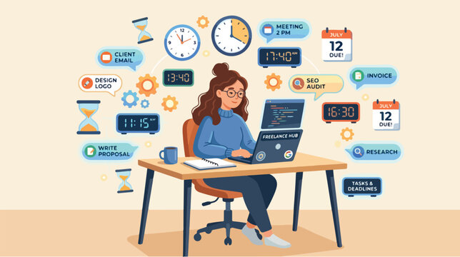 A woman sits at a desk with a laptop and papers, surrounded by time management icons and calendars, illustrating the concept of time blocking in a modern workspace