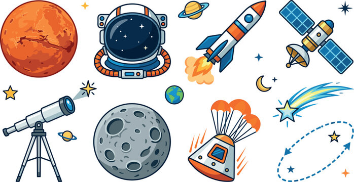 Outer Space Exploration Vector Element Set with Astronaut Helmet Rocket Rocketship Mars Moon Telescope Satellite and Space Capsule for Astronomy Designs