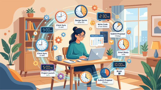 A focused young woman practices time blocking while working on her laptop at a desk in a cozy home office with various clocks and schedules