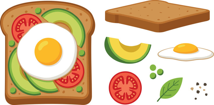 Healthy Avocado Toast Vector Element Set Featuring Whole Sandwich Fried Egg Tomato Slices Avocado Wedge Plain Bread Slice Green Peas and Basil Leaf