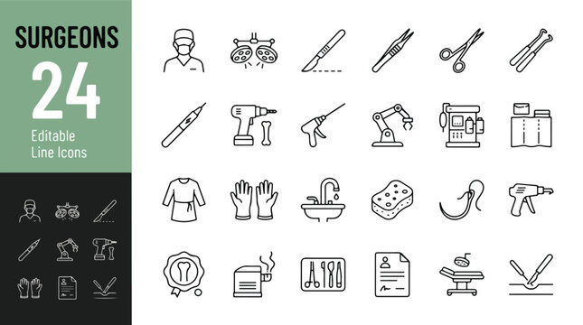Surgeons and surgery line icon set. Scalpel, surgical lights, robotic arm, medical drill, anesthesia machine, hospital equipment minimal vector illustration. Simple outline signs. Editable Stroke.