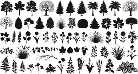 Fototapeta premium Large Black Silhouette Collection of Trees Flowers Plants and Leaves Vector Bundle