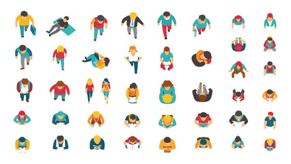 Fototapeta premium People seen from a top-down perspective are depicted as a collection of diverse individuals walking, sitting, and standing in various casual poses.