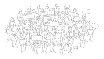 Crowd of people holding blank placards stands together to demonstrate for social justice and collective community action. © Adam