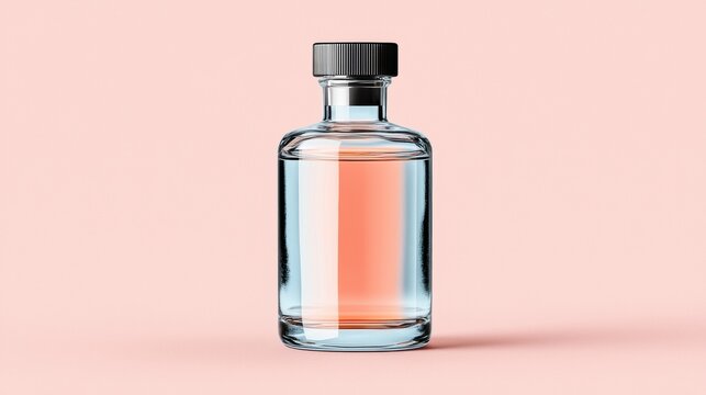 A clear glass bottle with a black cap and a pink liquid inside.