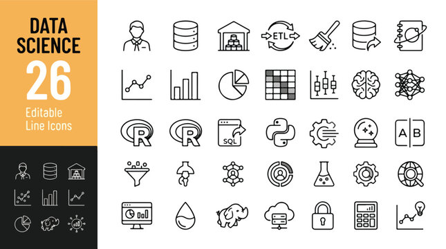Data science line icon set. Machine learning, big data analytics, Python, SQL, AI, ETL, statistics, neural network minimal vector illustration. Simple outline signs. 48x48 Pixel Perfect. Editable Stro