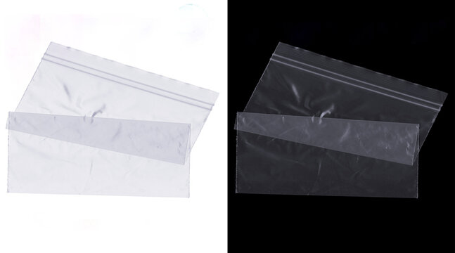 Transparent plastic zipper bag mockup, clear polyethylene sealable pouch on white and black background, empty zip lock packaging for retail
