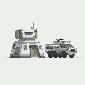 Futuristic Military Outpost and Armored Vehicle Illustration