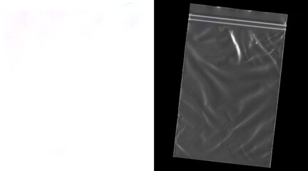 Transparent plastic zipper bag on black background, empty polyethylene zip lock pouch with wrinkles, clear synthetic storage bag for product packaging © MstNadira
